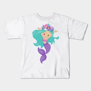 Cute Mermaid, Little Mermaid, Blue Hair, Flowers Kids T-Shirt